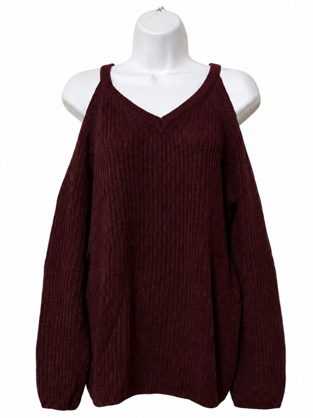 Urban Heritage Women’s Cold-Shoulder V-Neck Deep Wine Burgundy Knit Top Size S